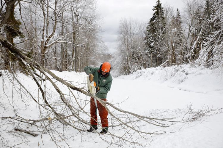 Jim Caffrey uses chainsaw to cut branch in snow