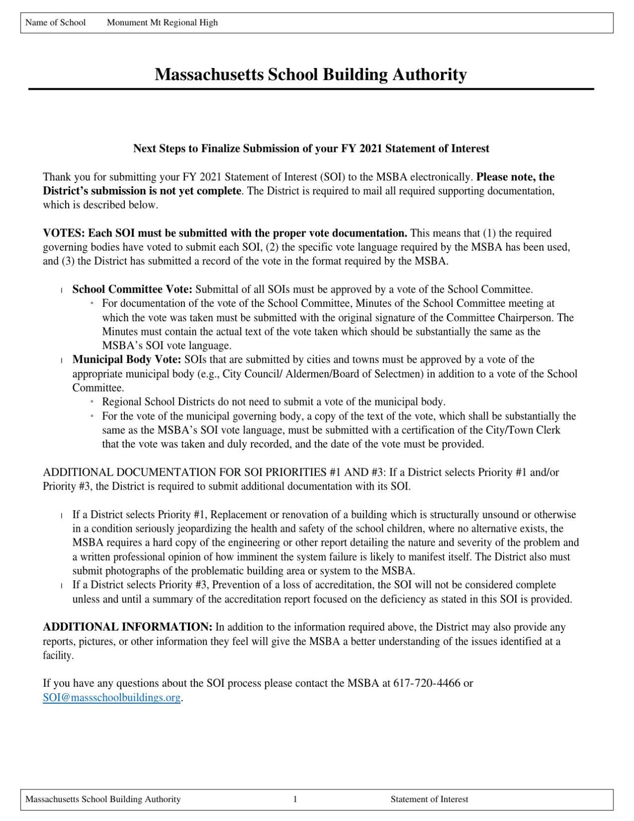 The application to the MSBA