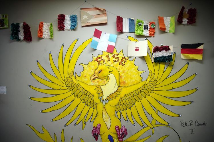 This mural depicts a rising phoenix