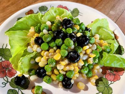 corn, peas and blueberries