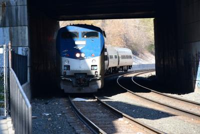 An Amtrak train pulls into the station