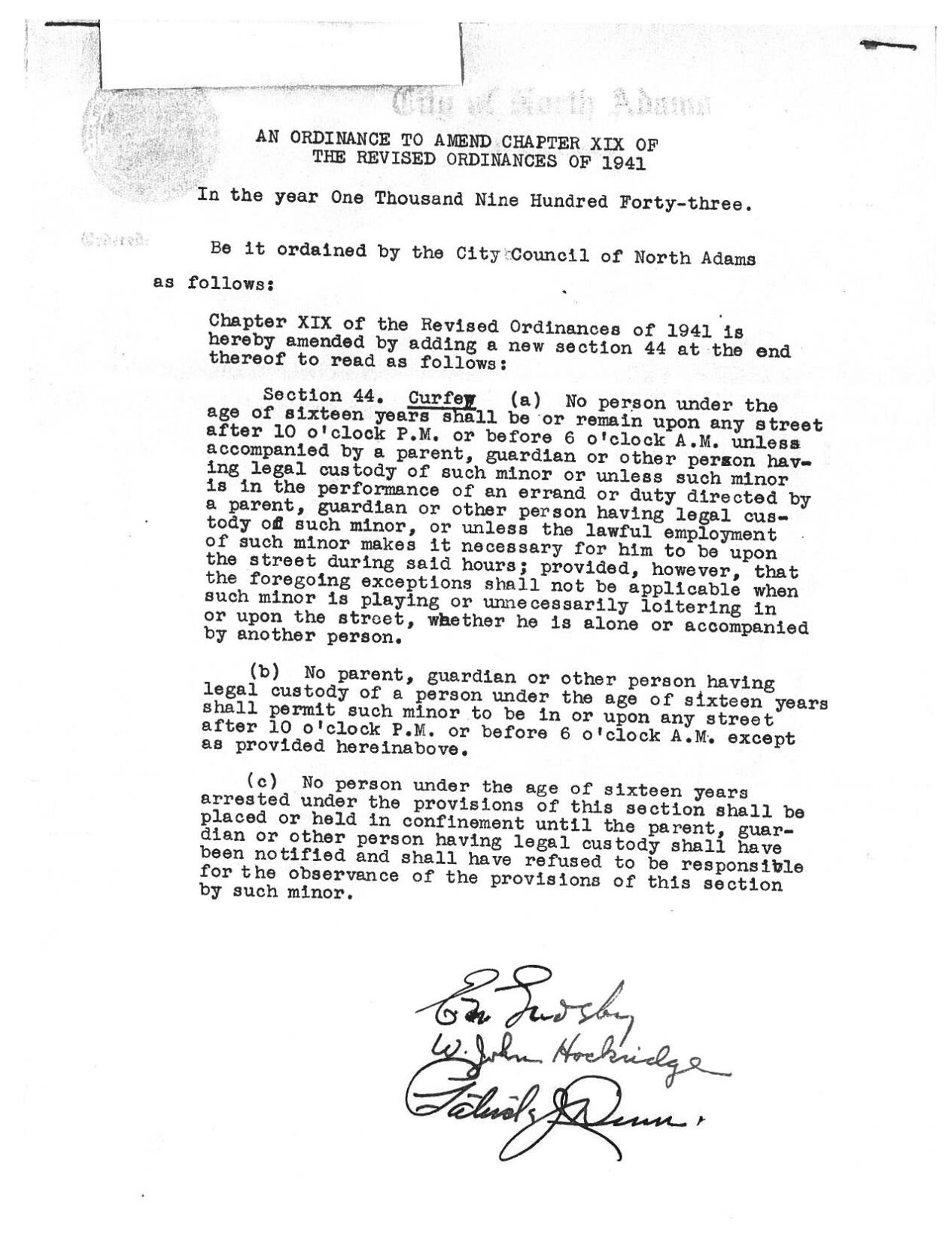 Curfew ordinance from 1943