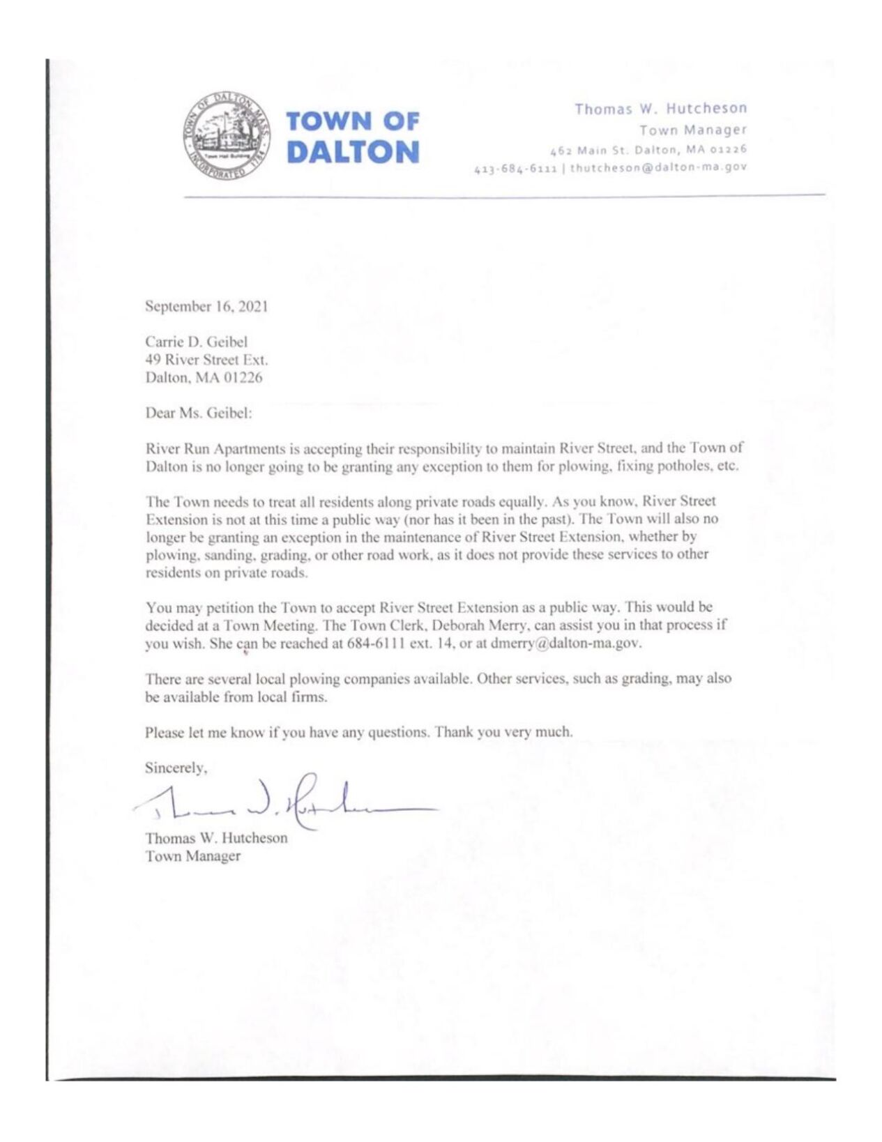 Town of Dalton letter on River Street Extension