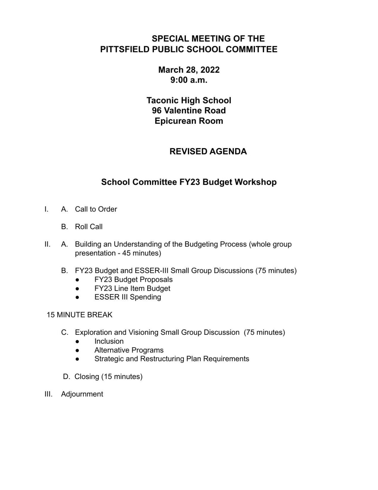 March 28 School Committee Budget Workshop Agenda