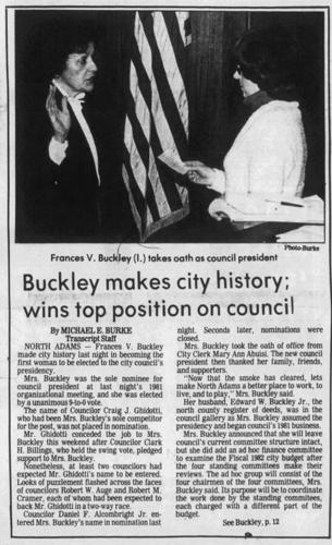 A news article from The Transcript about Frances Buckley as City Council president