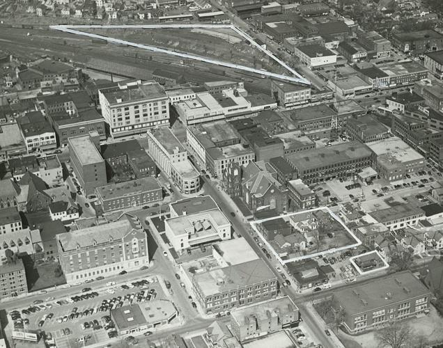 Aerial photograph of Fenn Street, Pittsfield, April 1953