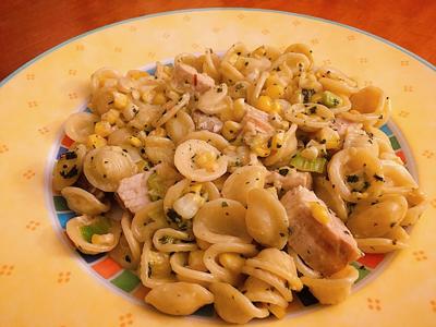 Pasta with grilled swordfish and corn