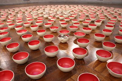 Red bowls on floor