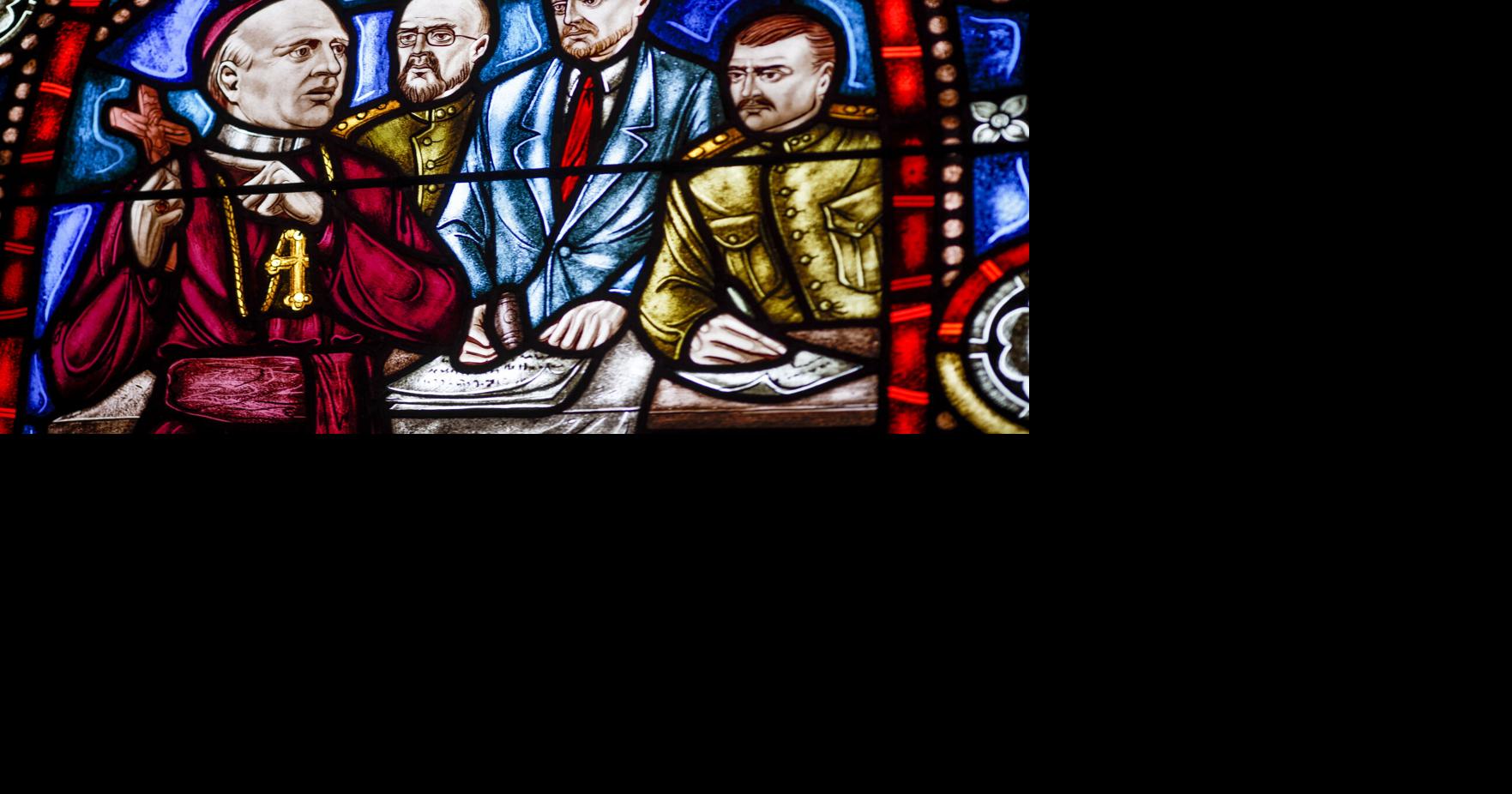 This stained glass window offers a view into the history of Adams' Polish community