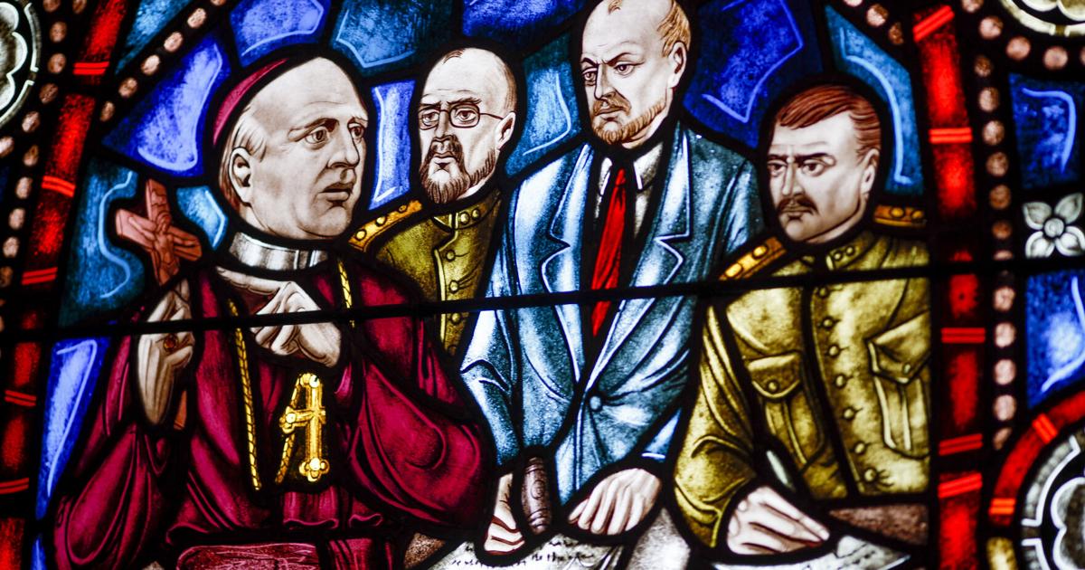 This stained glass window offers a view into the history of Adams' Polish community