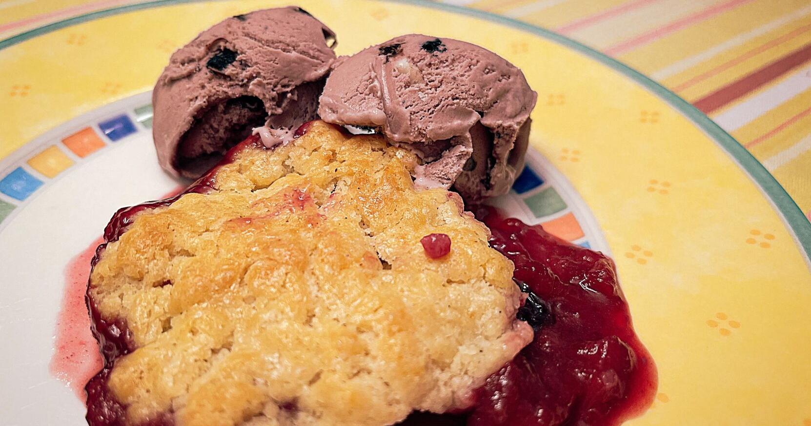 Out of strawberries? You can mix any type of berry with rhubarb to make a delicious cobbler.
