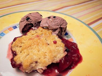 Plate with ice cream and cobbler.