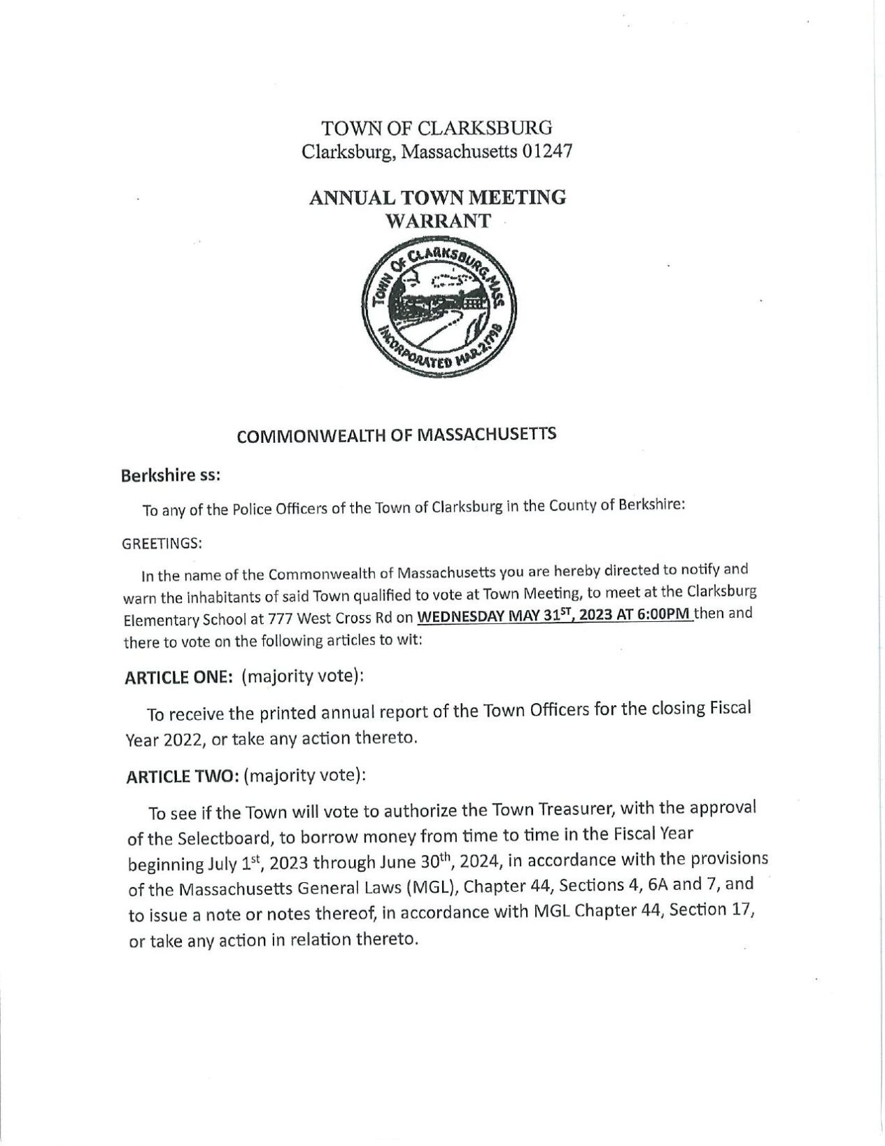 Town Meeting Warrant