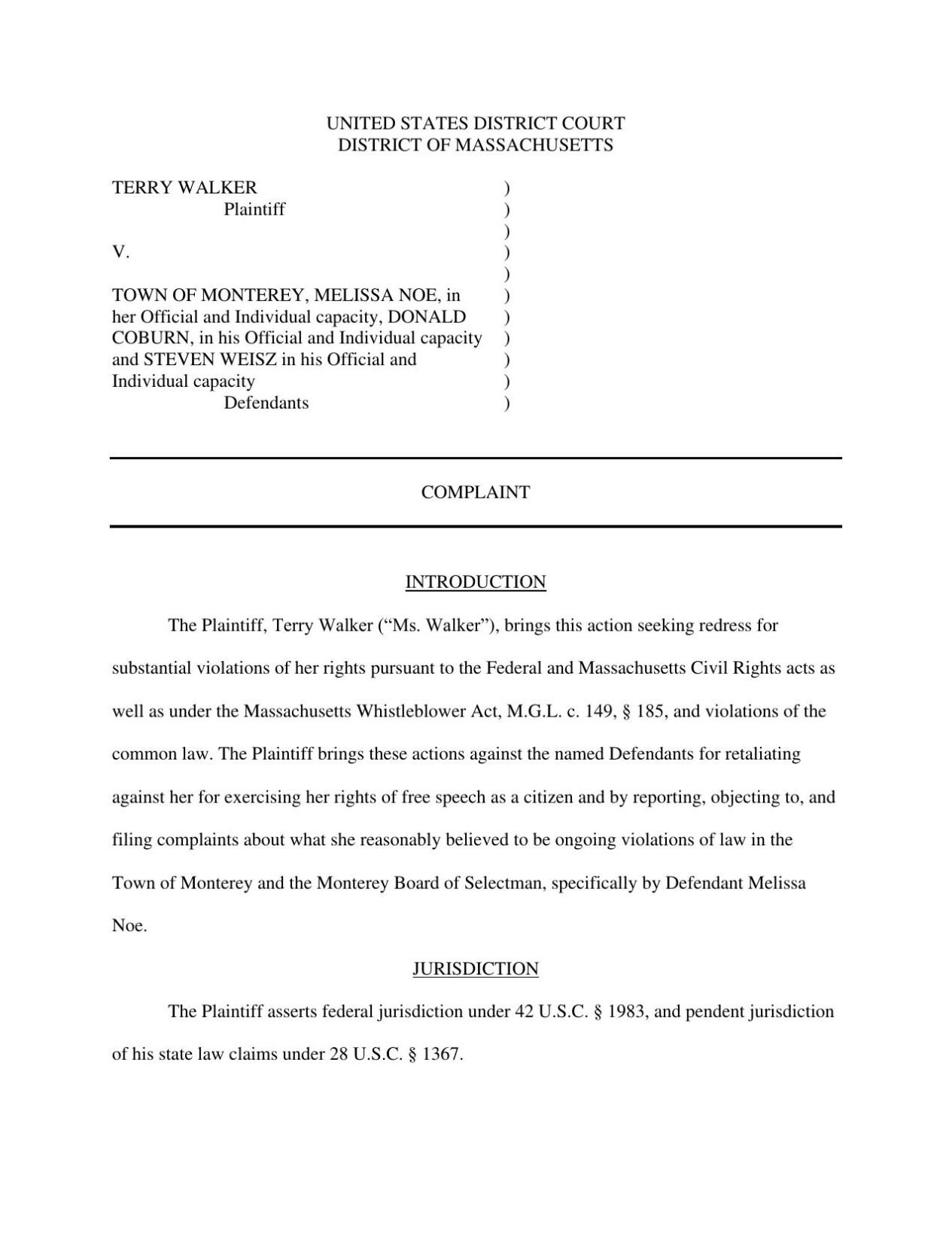 Federal lawsuit filed by Monterey Town Clerk Terry Walker