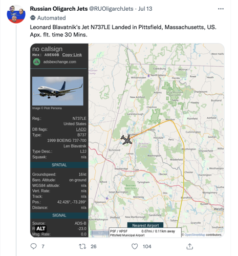 Twitter post Blavatnik jet landing