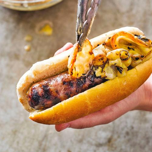 Grill sausages and onions together perfectly