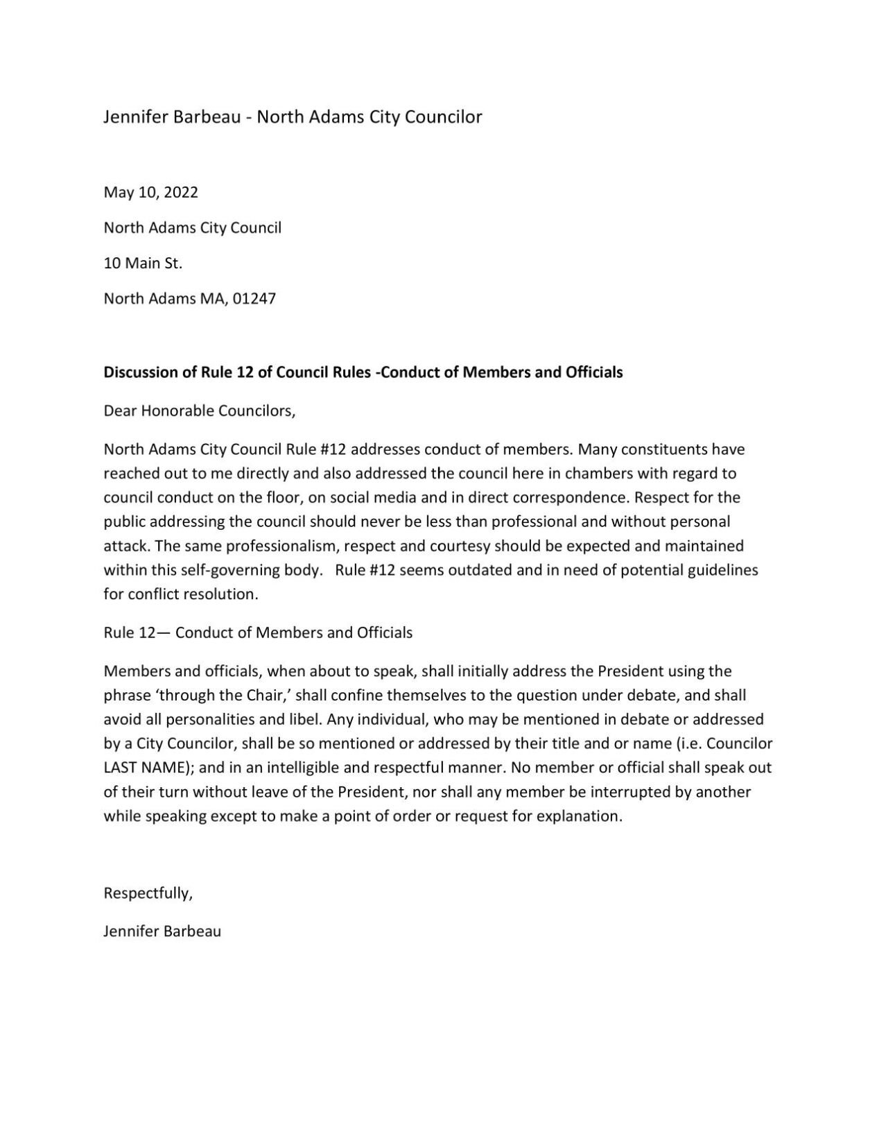 Letter from Councilor Barbeau about council conduct