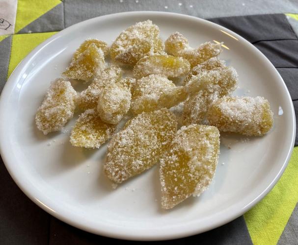 Close up of candied ginger on a plate
