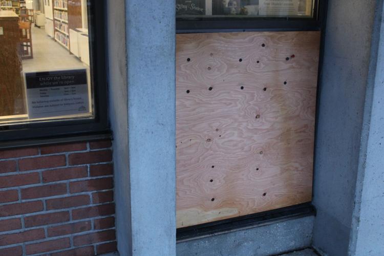 The window outside the Berkshire Athenaeum that was damaged in a Nov. 21 fire