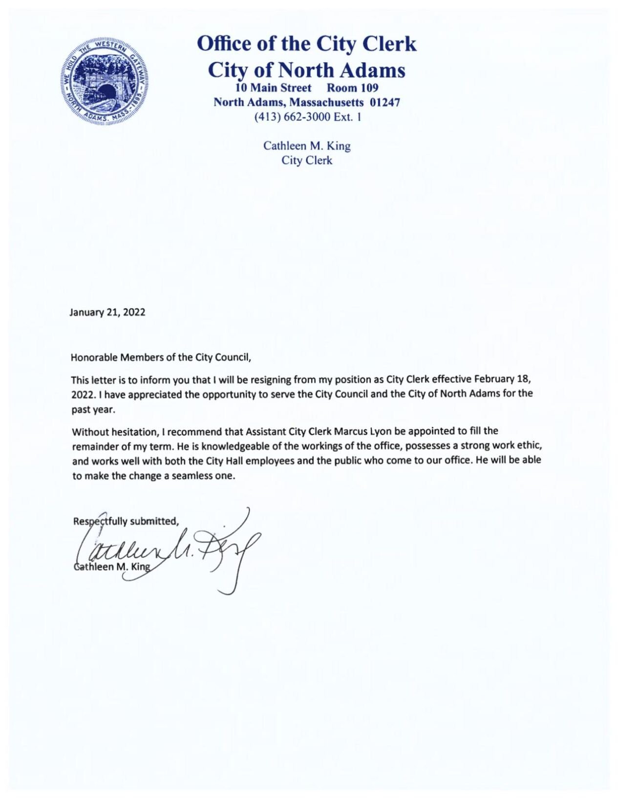 City Clerk Cathleen Kings resignation letter