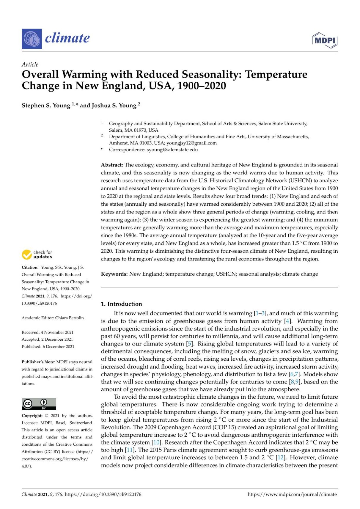 Overall Warming with Reduced Seasonality: Temperature Change in New England, USA, 1900–2020