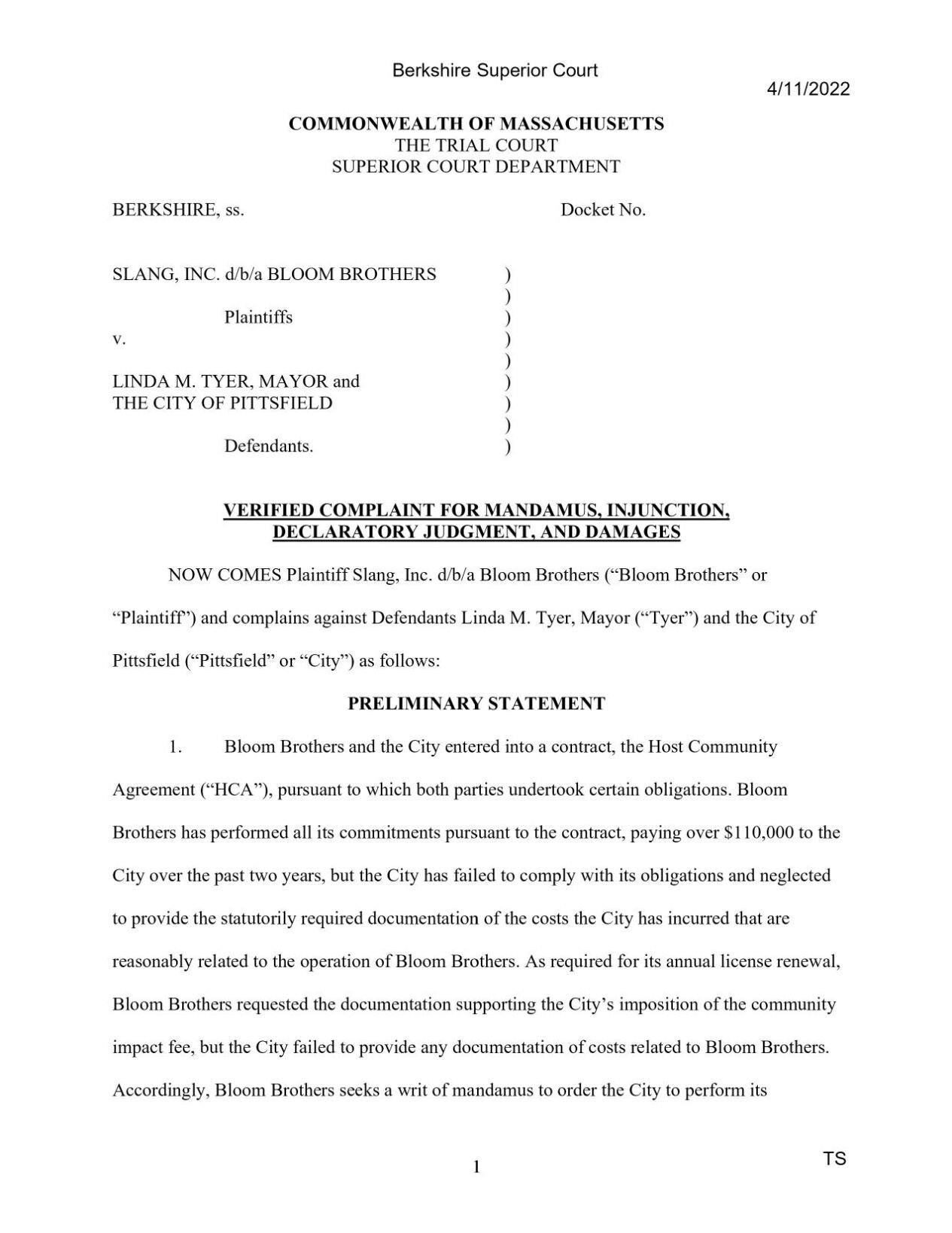 Bloom Brothers is suing Pittsfield and Mayor Tyer over