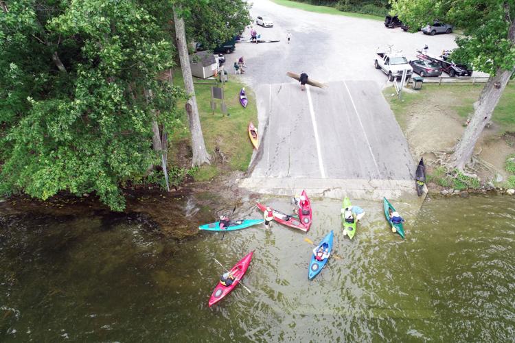 boats cluster around the boat ramp at the Stockbridge bowl