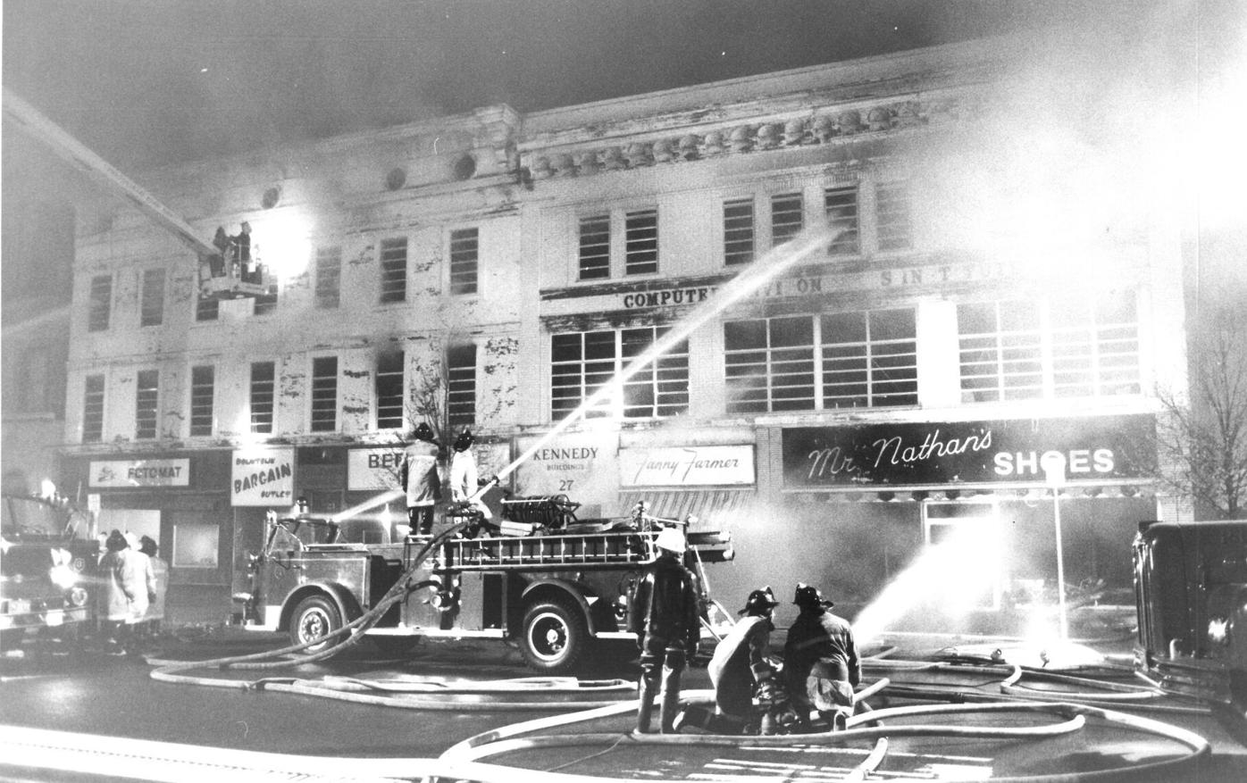 Firefighters respond to the Kennedy Block Fire, May 8, 1979