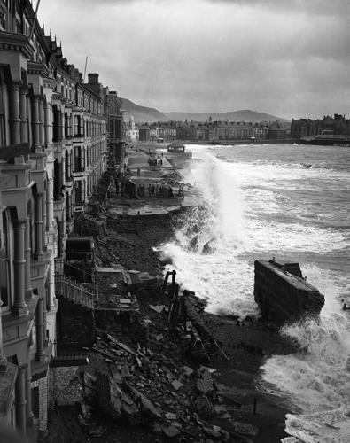 Wales Aberystwyth Seas Pounding Broken Sea Wall