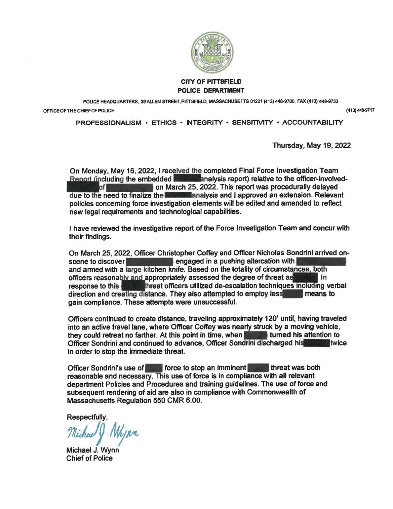 A May 19 letter from Chief Michael Wynn accepting the final FIT report on the Estrella shooting