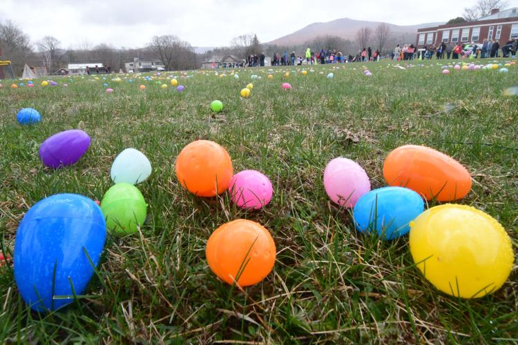Colorful Easter eggs are scattered on the ground