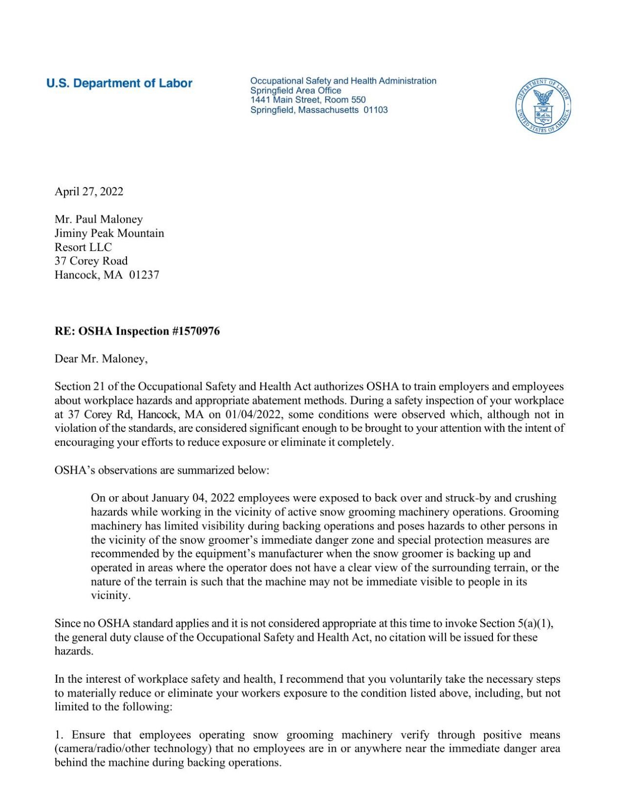 OSHA letter to Jiminy Peak Resort