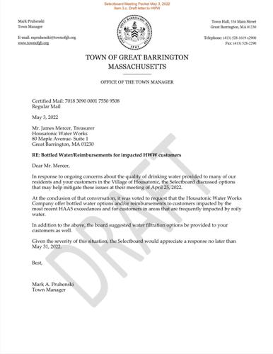 Housatonic Water Works Co. letter from Great Barrington