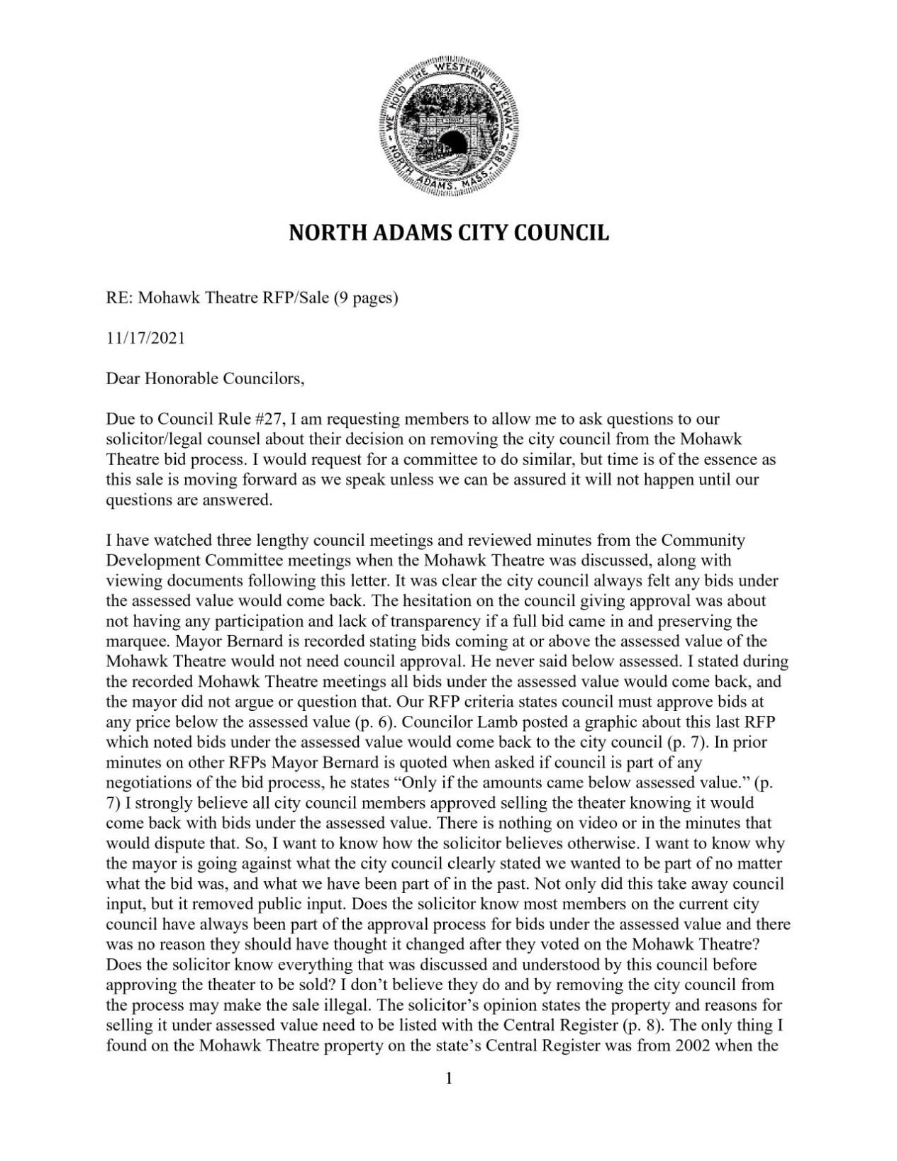 Keith Bona's letter to city council