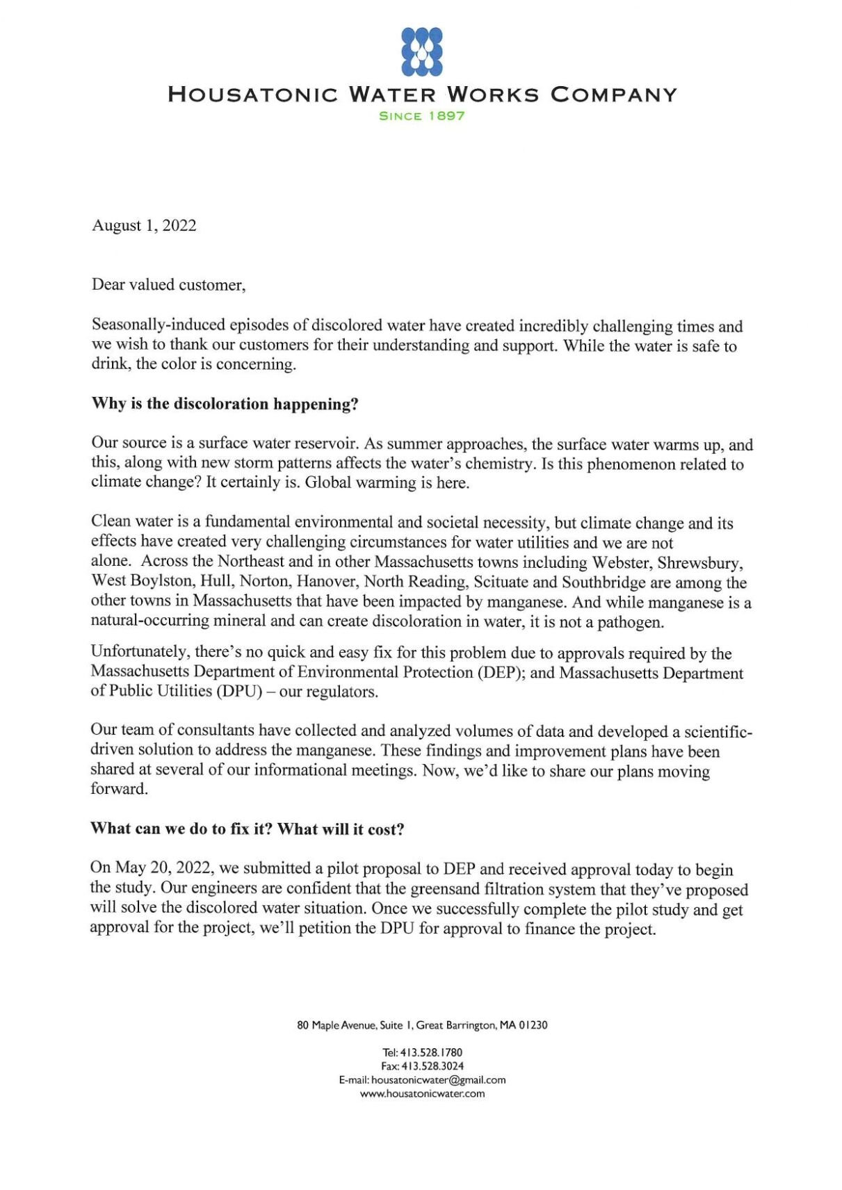 Housatonic Water Works Co. Aug. 1 letter