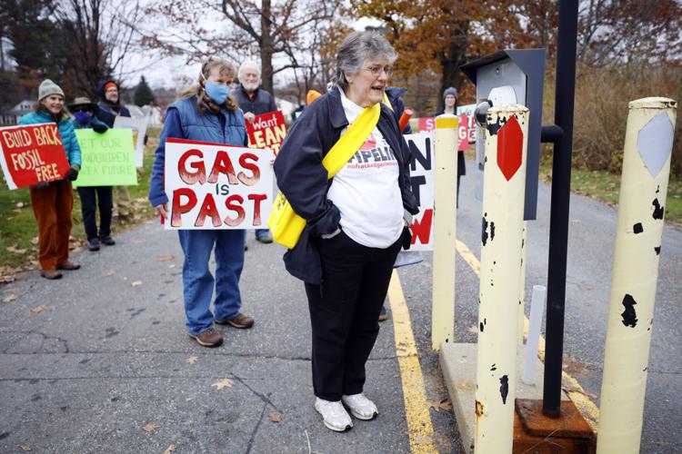 rosemary wessel speaks into security gate with protestors