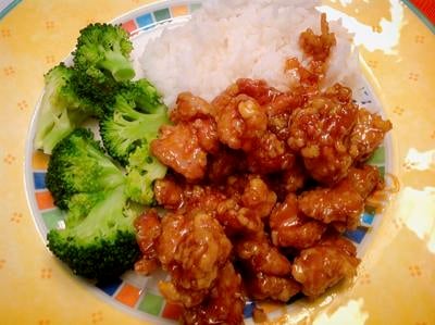 General Tso's Chicken, broccoli and rice on a plate