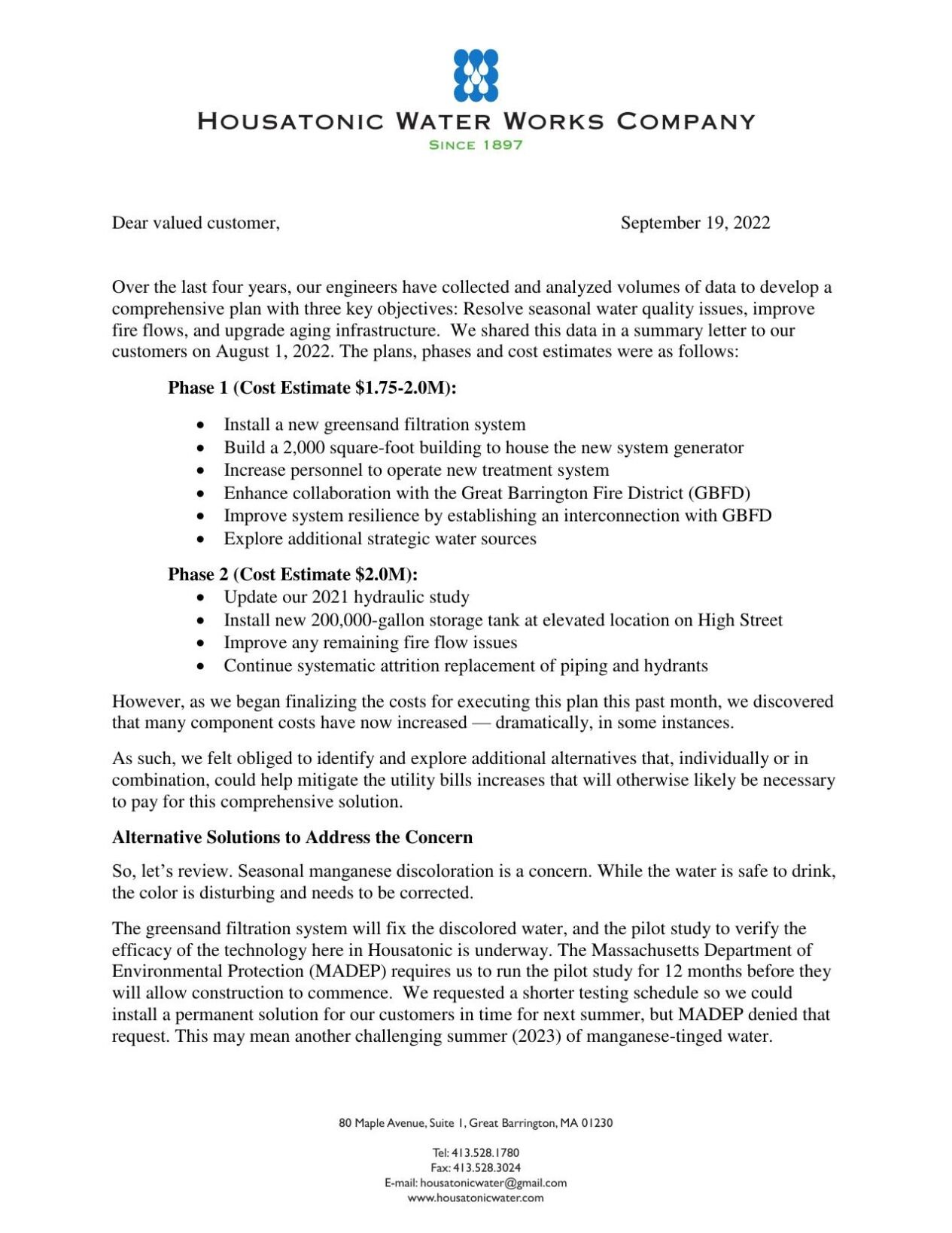 Housatonic Water Works Co. letter