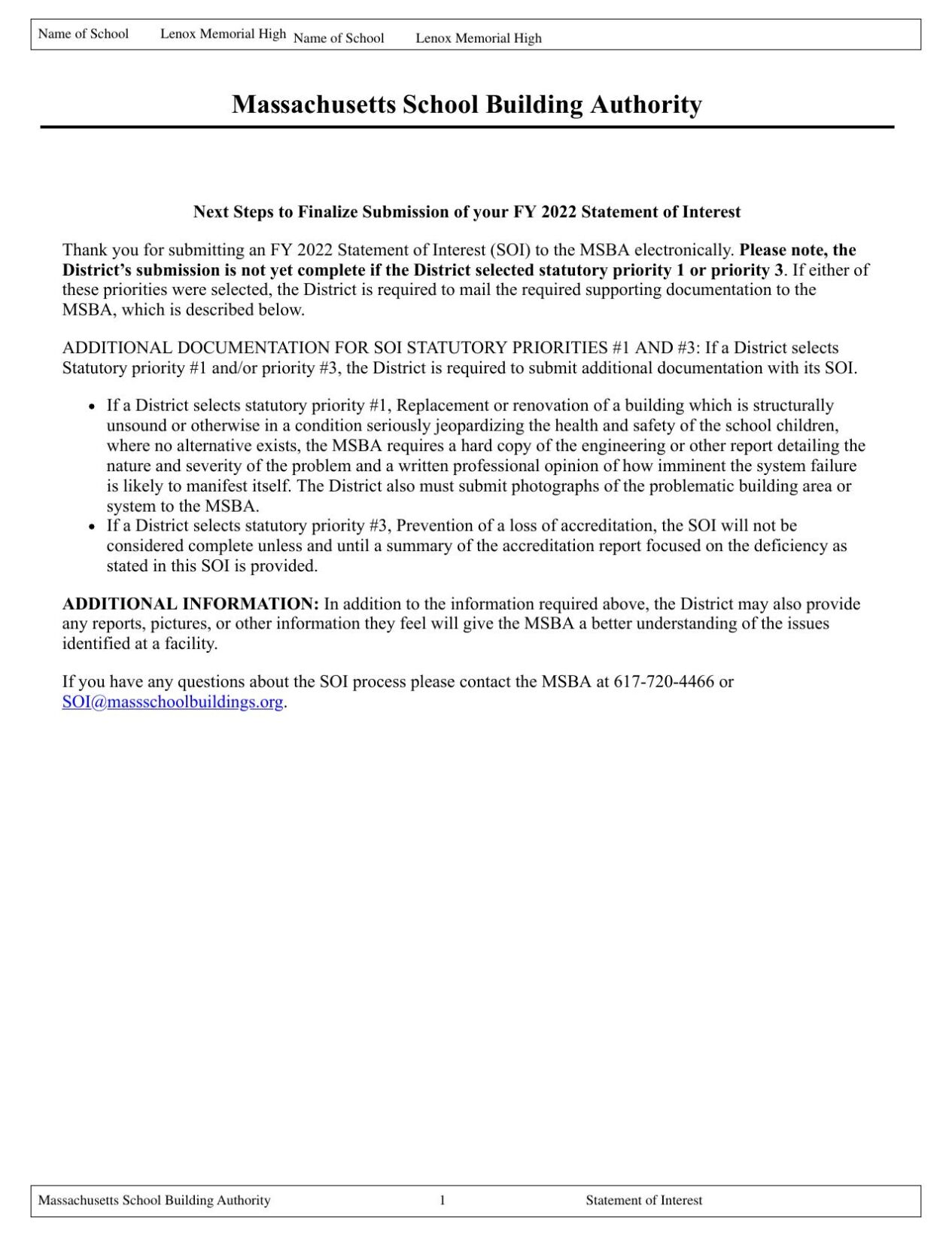 Lenox request to MSBA
