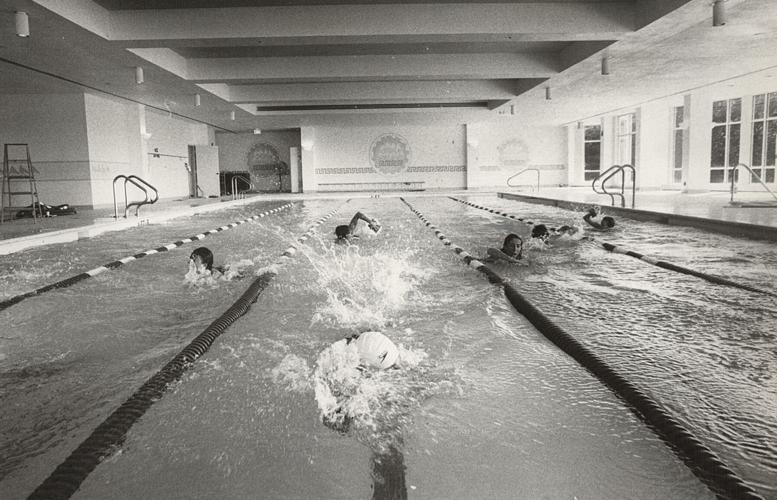 Staff of Canyon Ranch try out the new indoor and outdoor pools prior to the resort opening, Sept. 28, 1989
