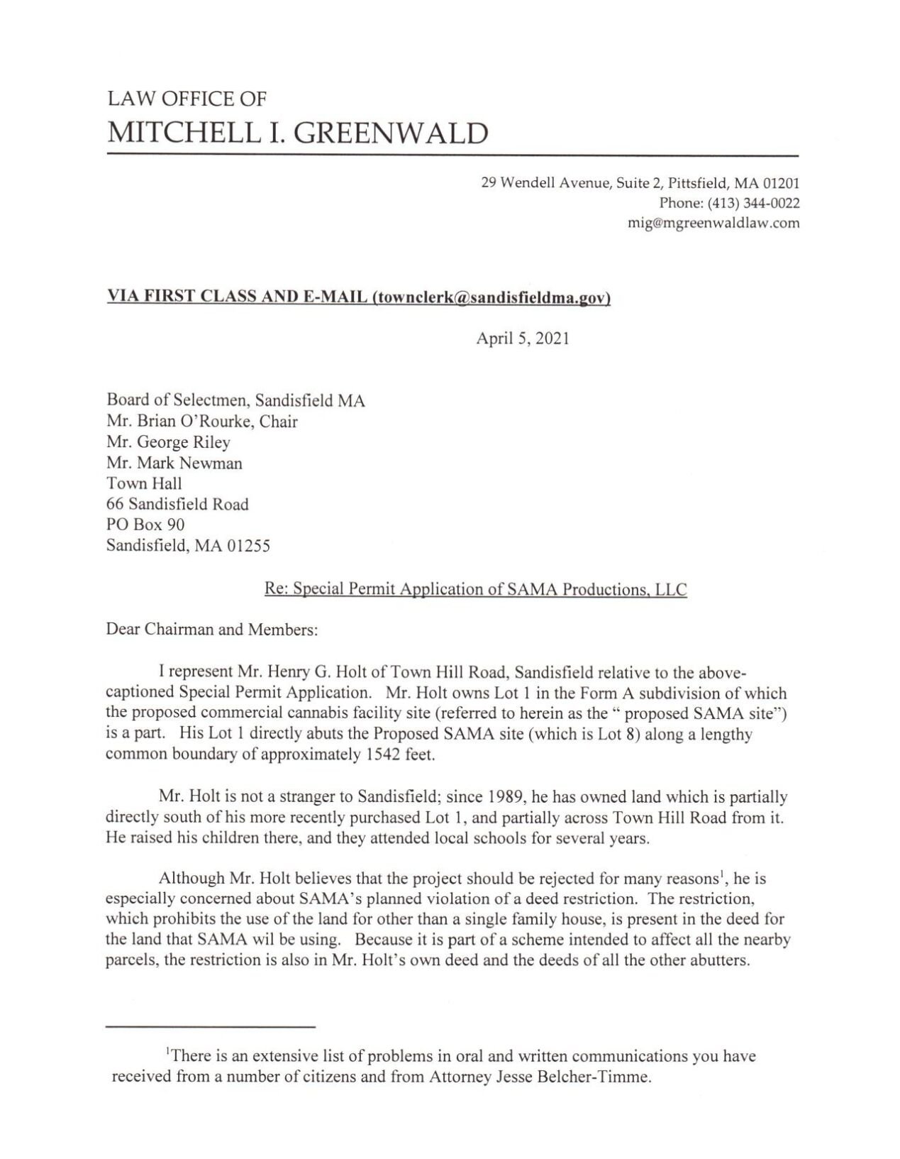 Letter from Mitchell Greenwald to Sandisfield