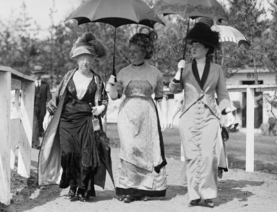 Three Gilded Age women at a horse show