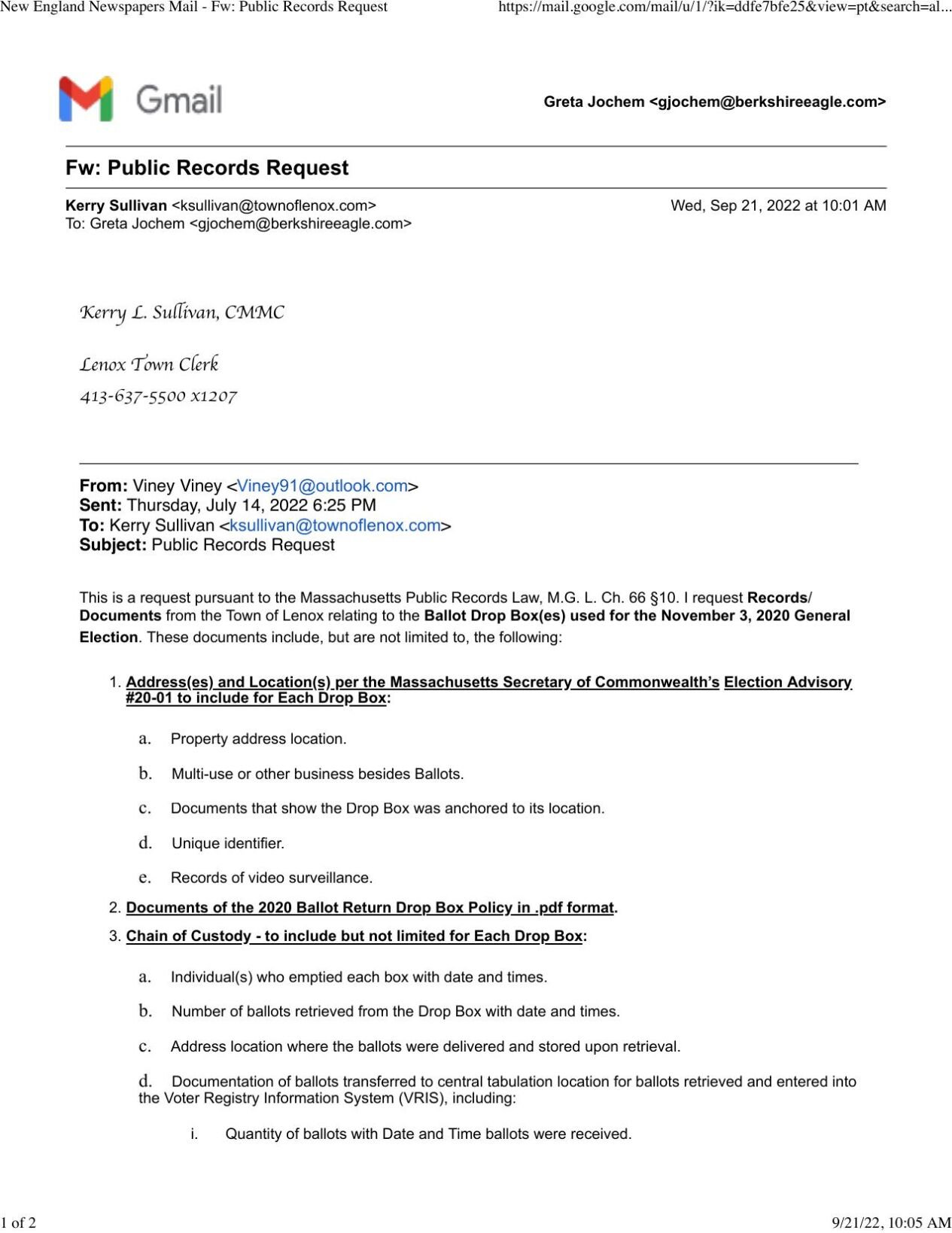 Emailed public record request to lenox town clerk