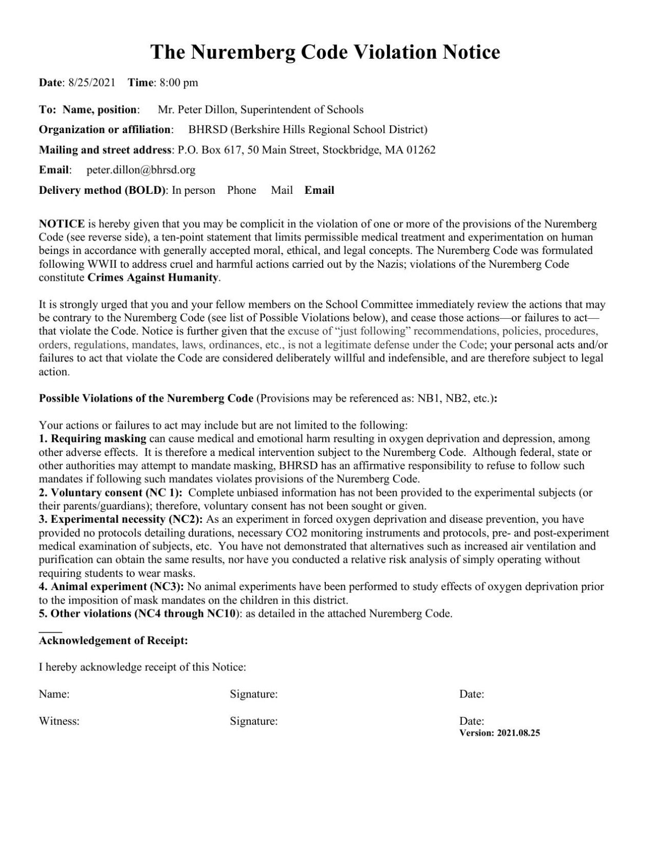 Nuremberg violation notice sent to Berkshire Hills officials