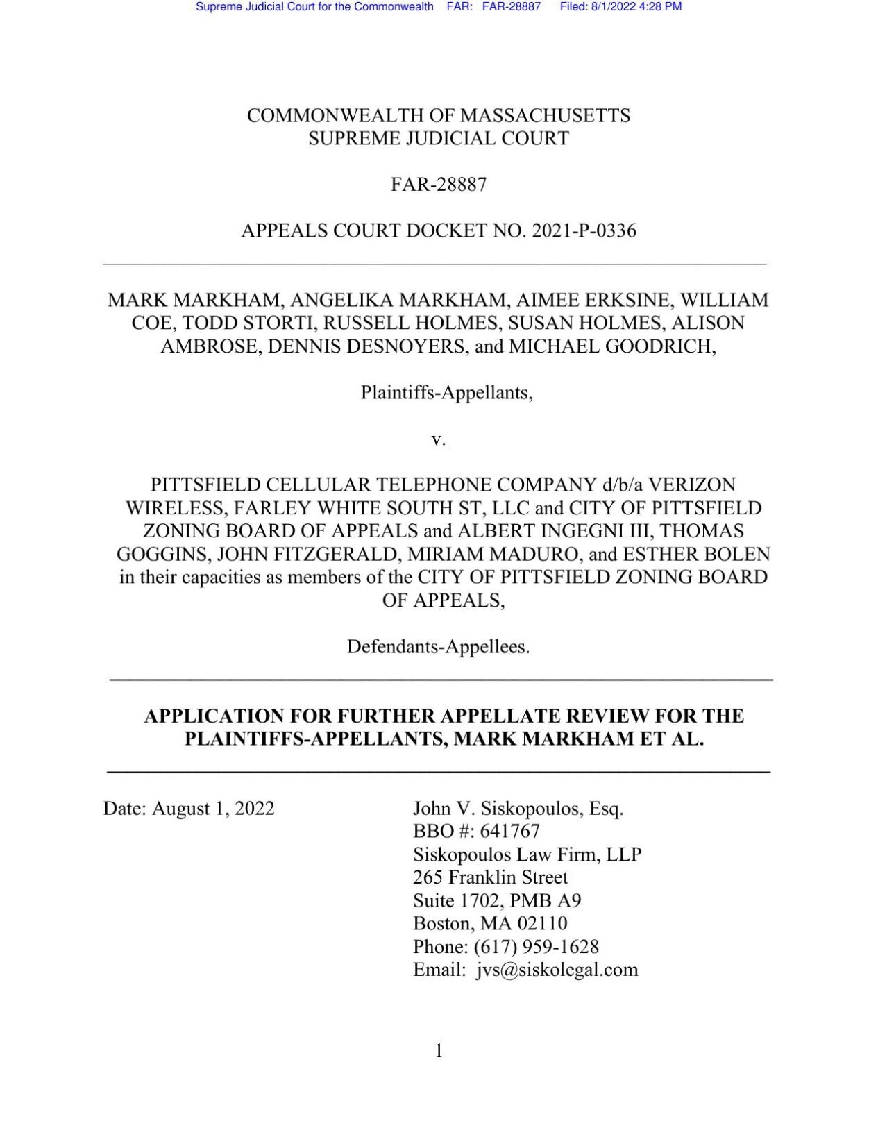 Verizon cell tower abutters file petition for Supreme Judicial Court to review their case