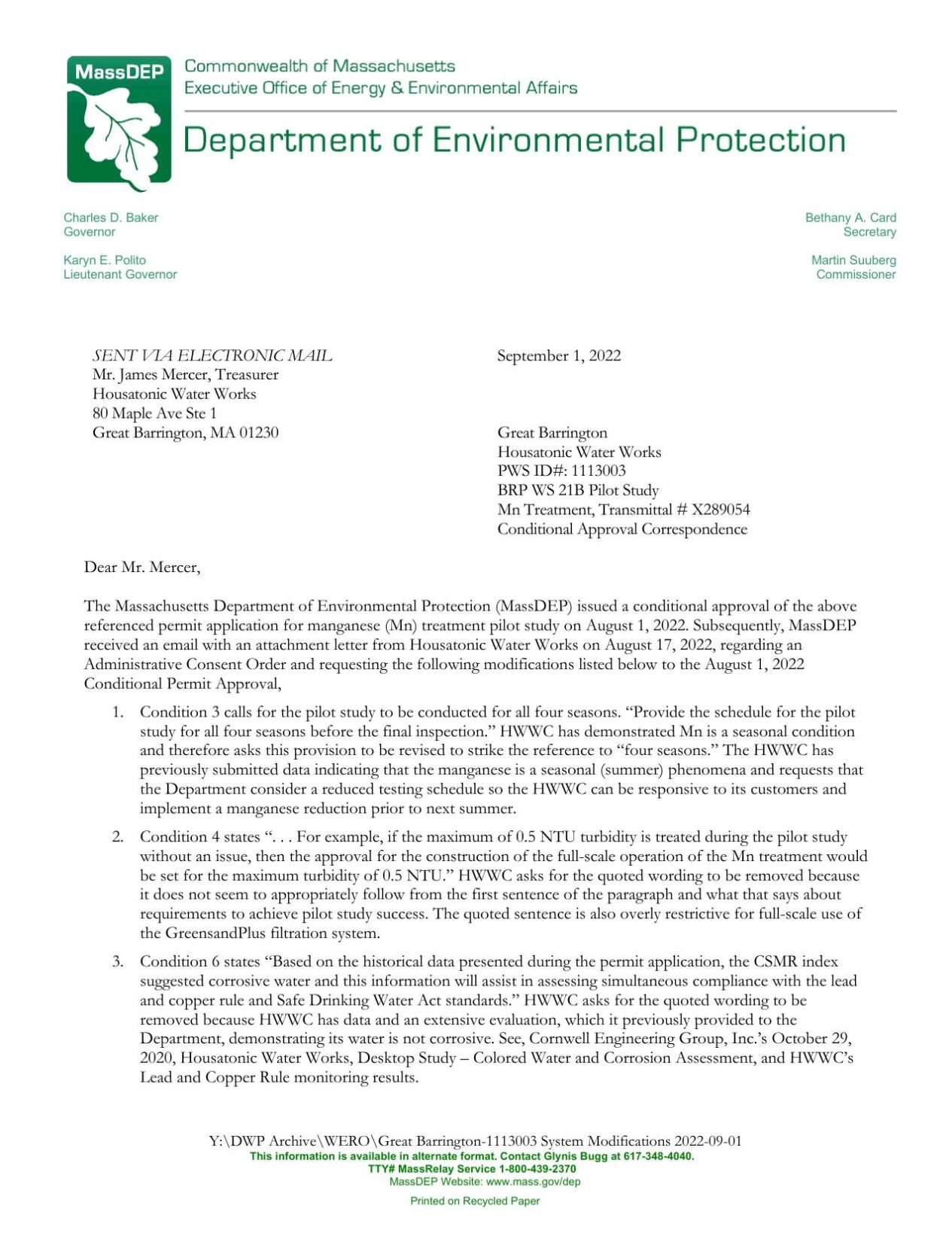 MassDEP letter to Housatonic Water Works
