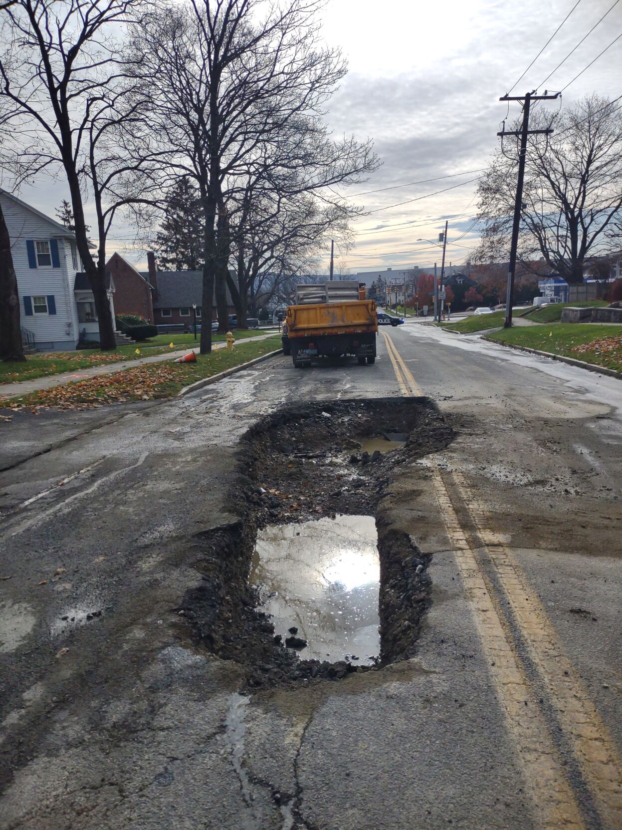Trench of water main break on Benedict Road in Pittsfield