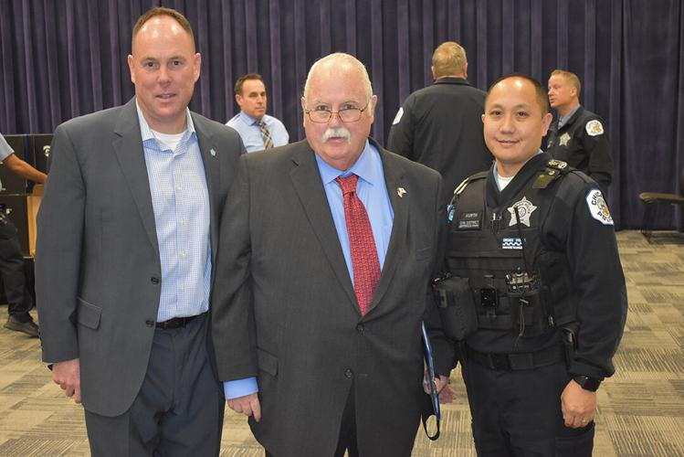 19th Ward Ald. Matt O’Shea, CPMF Executive Director Phil Cline and Chicago Police Department Officer James Kurth