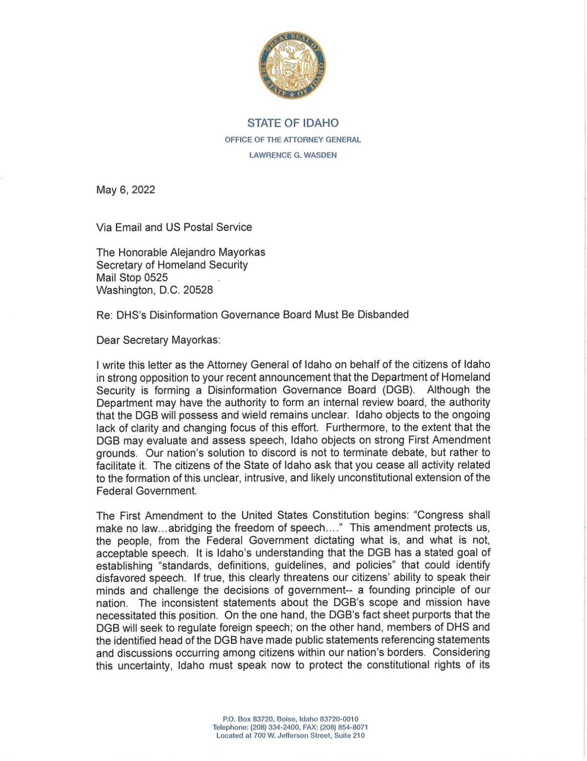 Wasden Letter to DHS