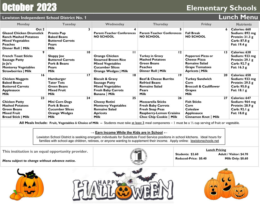 October School Lunch Menu for the Lewiston Independent School District |  Idaho | bigcountrynewsconnection.com